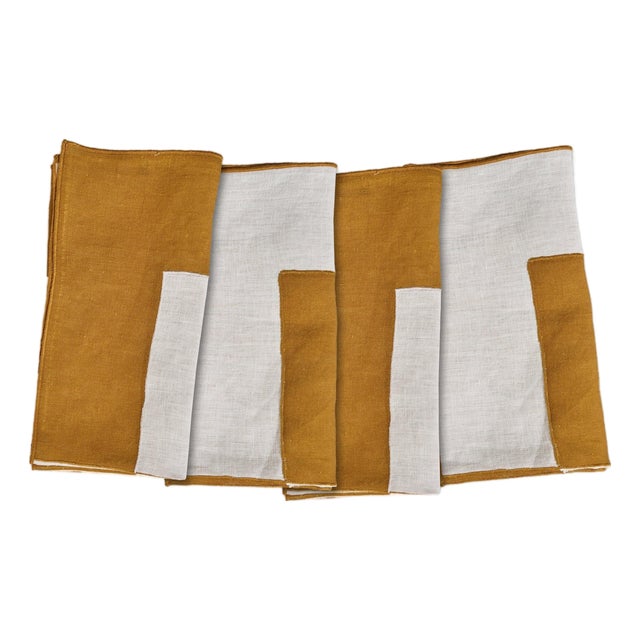 Misette Bauhaus Embroidered Linen Napkins in Amber, Set of 4 For Sale