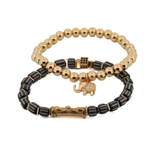 Black Lucky Gold Elephant & Ethnic Black Beaded Bracelet Set For Sale - Image 8 of 8