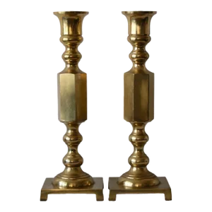Mid-Century Modern Large Brass Altar Style Candleholders-A Pair