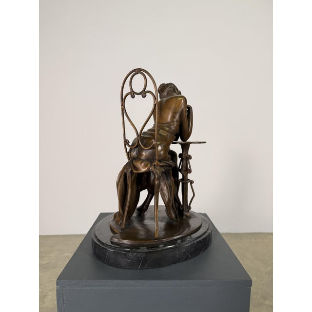 Art Nouveau Parisienne Lady Bronze, Seated at Café Table on Marble – 14” Tall For Sale - Image 10 of 11