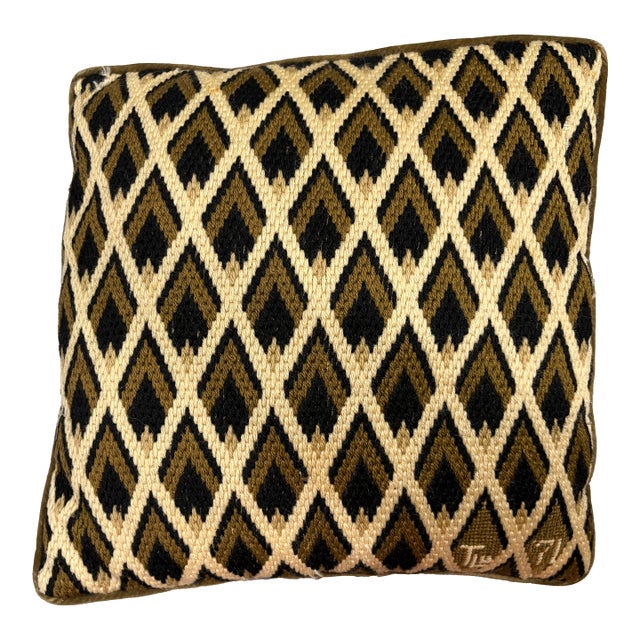 Vintage Signed Bargello Needlepoint Flame-Stitched Pillow, Handmade of Wool & Velvet - 15” X 15” Mid Century Modern, Boho Chic & Cottage Core Decor For Sale