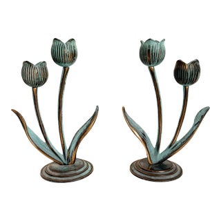 Late 20th Century Verdigris Bronze Art Nouveau Style Tulip Candle Holders, a Pair For Sale