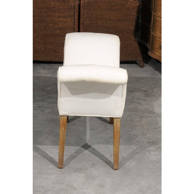 Mid 20th Century Mid 20th Century English Midcentury Petite Upholstered Bench with Saber Legs and Scrolled Arms For Sale - Image 5 of 6