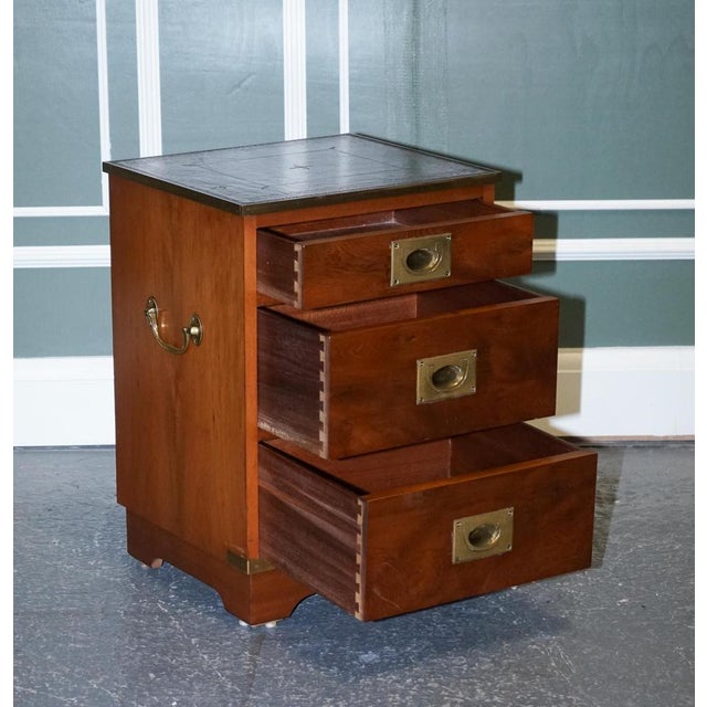 Military Campaign Yew Wood Bedside Table with Green Leather Top For Sale - Image 3 of 14