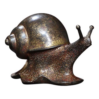 Bronze Gilded Snail Figurine, Chinese Vintage Style Copper Desk Ornament, Scholar Table Decor For Sale