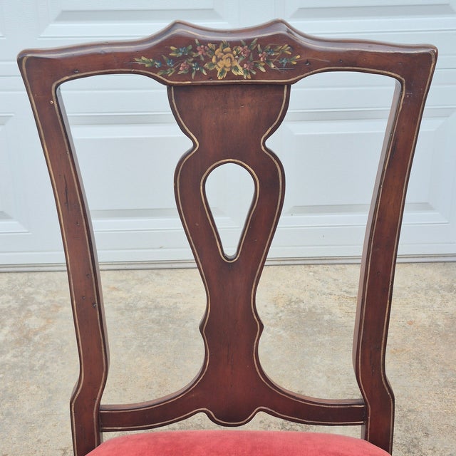 French Country Mid-20th Century Lane Rustic Floral Paint Decorated Walnut Dining Chairs, Set of 6 For Sale - Image 3 of 18