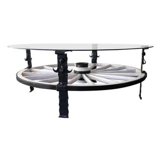 20th Century Glass Top Wooden Wagon White Wheel Accent Spanish Table For Sale