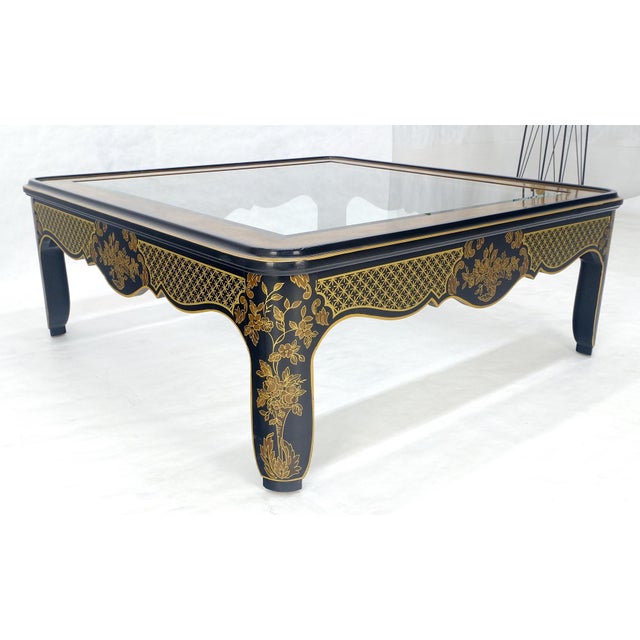 Drexel Gold Paint & Black Lacquer Base Burl Wood & Glass Top Coffee Table MINT For Sale - Image 14 of 14