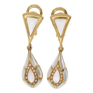 18k Yellow Gold 0.50 Ct Natural Diamond and Mother of Pearl Omega Back Earrings, Pair For Sale