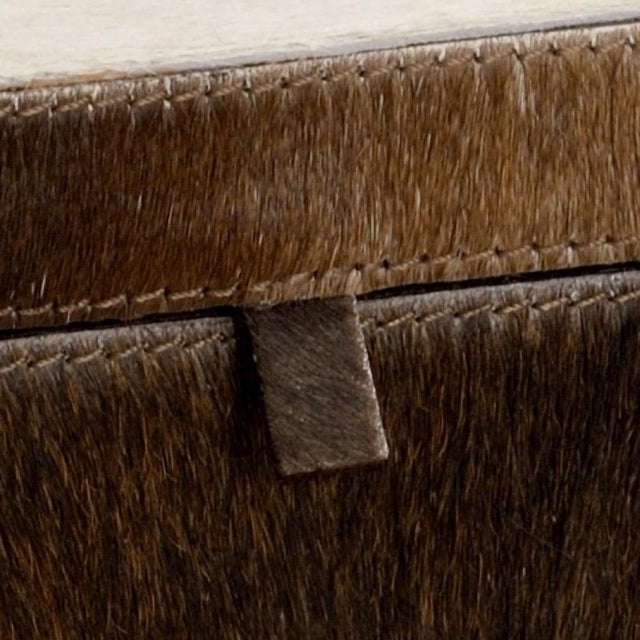 Brown and cream hair on hide, natural gray agate embellishment, black faux suede liner 3.5h x 8w x 5d