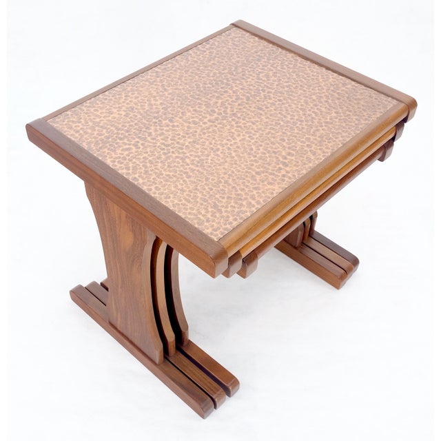 Hammered Copper Top & Teak Set of 3 Nesting Side End Tales Stands Danish MINT For Sale - Image 15 of 16