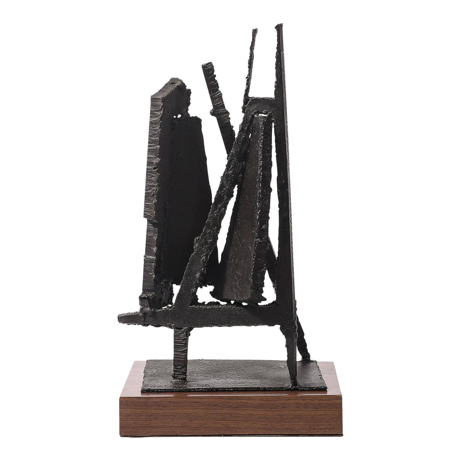 Mid-Century Torch Cut Steel Brutalist Sculpture on Walnut Signed John ...