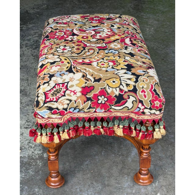 English Vintage English Jacobean Style Walnut Needlepoint Upholstered Bench With Scalamandré Tassel Fringe For Sale - Image 3 of 7