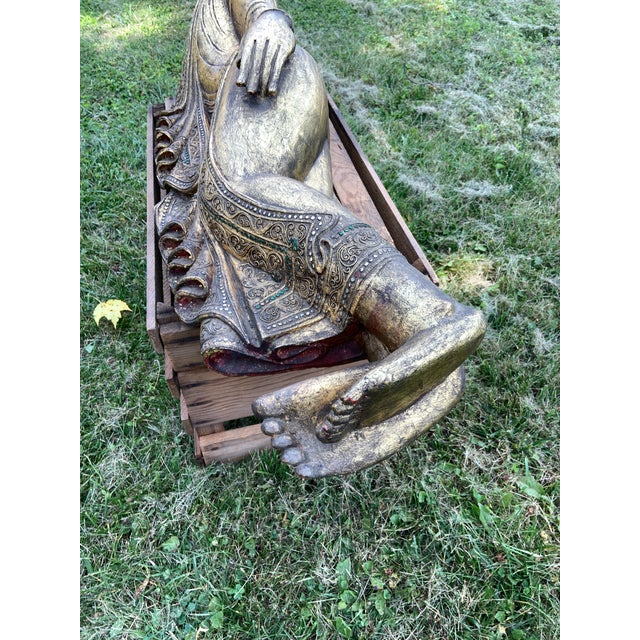 Gold Vintage XLarge Gold Gilt Hand Carved Reclining Buddha Statue For Sale - Image 8 of 11