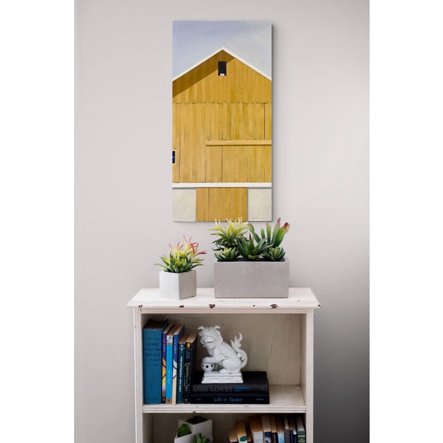 2020s Autumn Afternoon by Justin Wheatley | Acrylic on Panel Yellow Barn With Grey Sky For Sale - Image 5 of 8