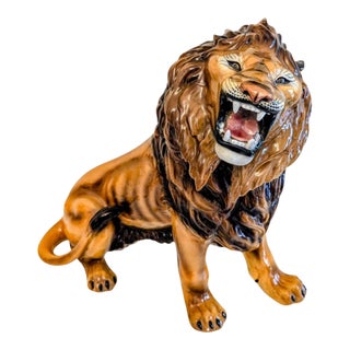Italian Favaro Cecchetto Life Size, Hand Painted, Mid 20th Century Ceramic Lion Figure For Sale