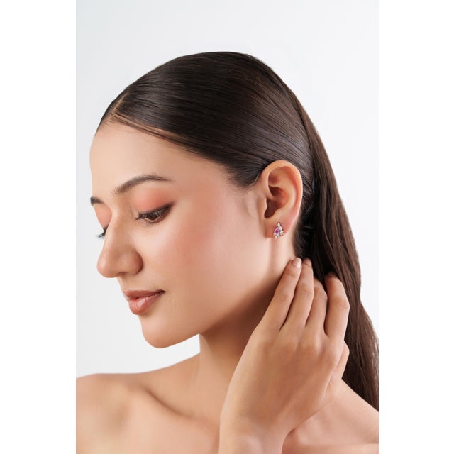 14k Gold Natural Pink Sapphire & Diamond Artistic Cluster Stud Earrings- A Pair For Sale - Image 10 of 14