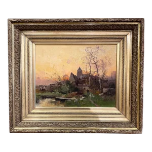 19th Century Pastoral Oil Painting in Carved Gilt Frame Signed E. Galien-Laloue