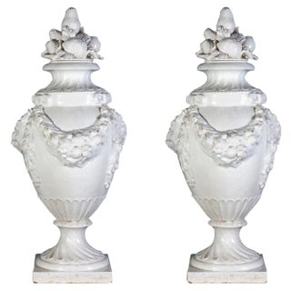 Large Italian White Ceramic Urn Vases, Set of 2 For Sale