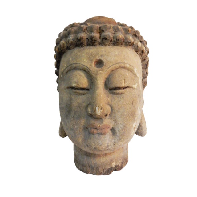 Wood Lg Asian Carved Wood Gautama Buddha Head For Sale - Image 7 of 10