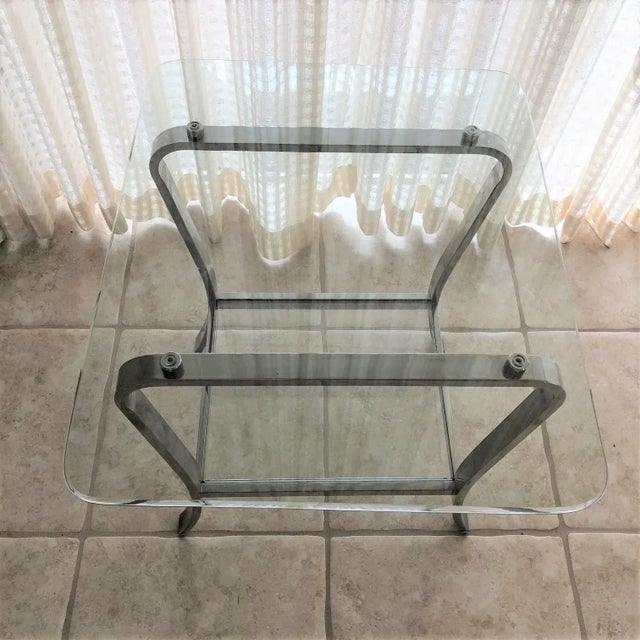 Vintage 1980s Mid-Century Modern Chrome and Double 3/8" Glass Shelf Side Table - Coffee Table Also Available, Listed Separately. For Sale - Image 9 of 9