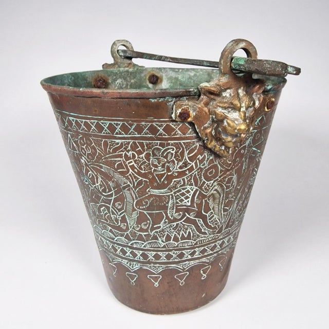 Verdigris Antique Copper Bucket Lion Mounts Indian Kashmir Mughal Warrior Horses Verdigris For Sale - Image 8 of 9