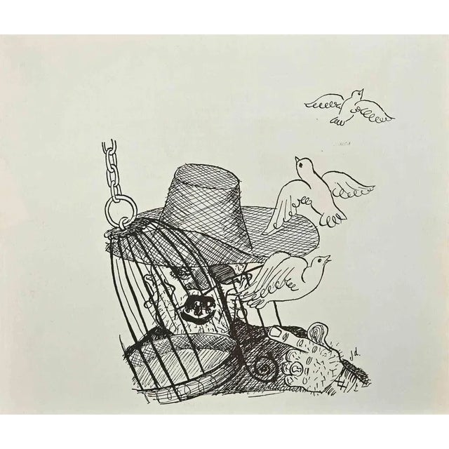 Pigeons is an Original Pen Drawing realized by André Chervet. The little artwork is on a yellowed paper. No Signature....