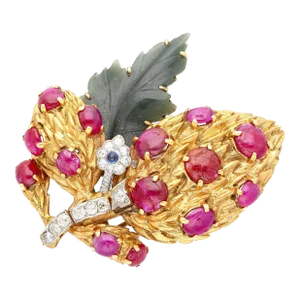 Cabochon Cut Ruby, Sapphire, Jade, and Diamond 18K/Platinum Brooch Pin