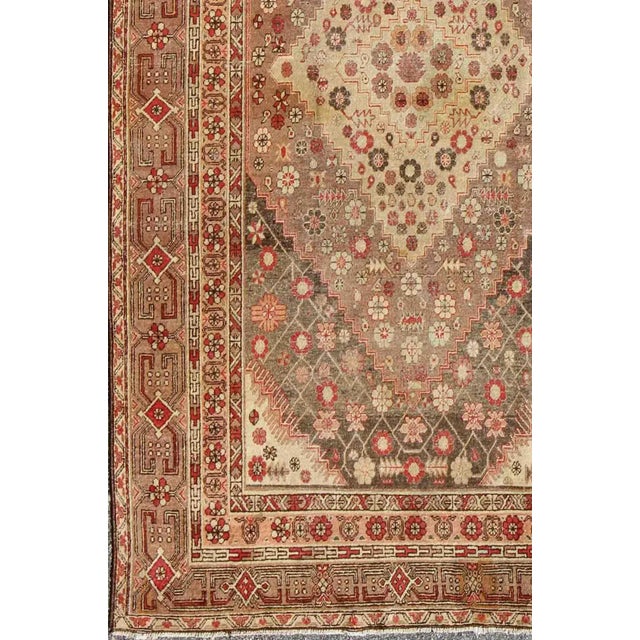 Tribal Antique Khotan Medallion Rug in Neutrals With Floral Motifs All-Over 6'4" X11'6" For Sale - Image 3 of 10
