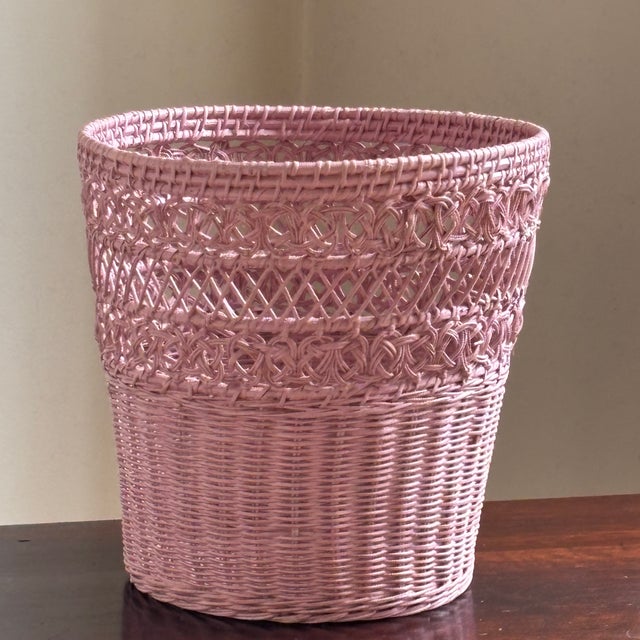 Mid-20th Century Bubble Gum Pink Wicker Wastebasket For Sale - Image 11 of 17