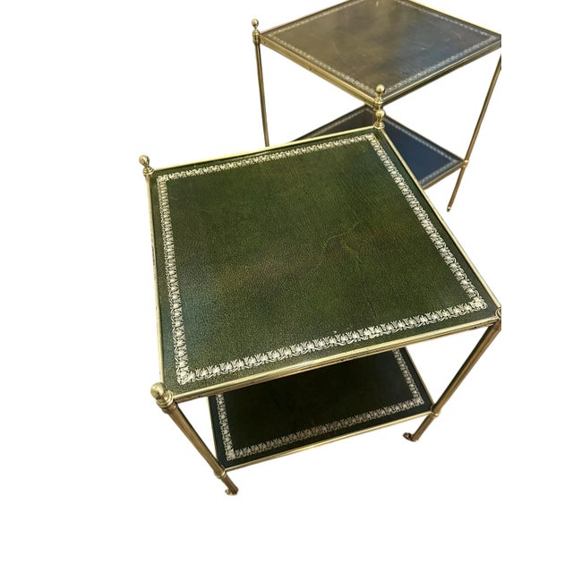 Metal Pair of Brass and Green Leather Tooled Two-Tiered Side Tables For Sale - Image 7 of 18