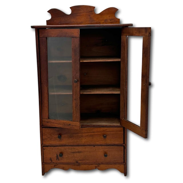 Unusual Early 1900s Antique American Miniature Size Wood & Glass Front "Salesmans Sample" Kitchen Hutch - 23 Inches Tall For Sale - Image 9 of 18