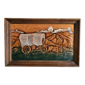 Vintage Covered Wagon Wall Art Copper Relief Ox Mountains Western