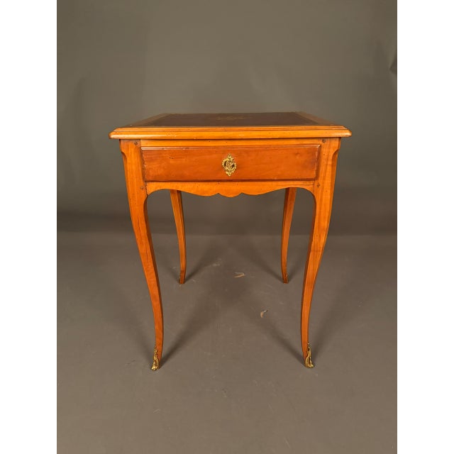 French Louis XV Style Cherry Wood Side Table With Leather Top, Circa 1920 For Sale - Image 4 of 17