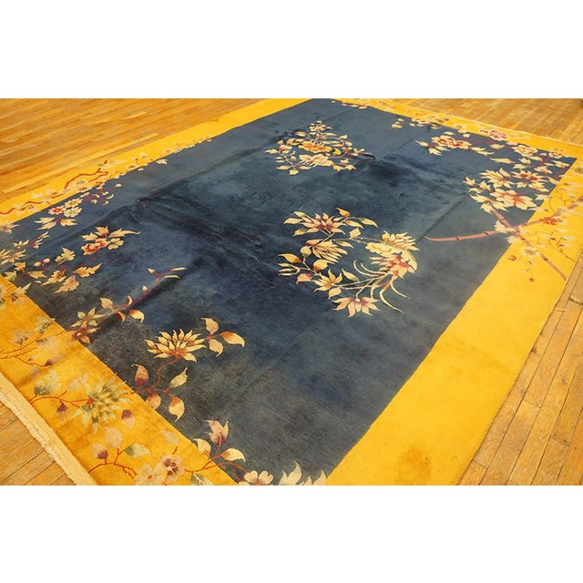 Art Deco 1920s Royal Blue Floral Antique Chinese Art Deco Rug 8'10" X 11'4" Handknotted Wool Carpet For Sale - Image 3 of 6