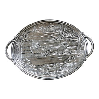 Vintage Lenox Winter Scene Metalware Handled Holiday Tray-X-Large For Sale