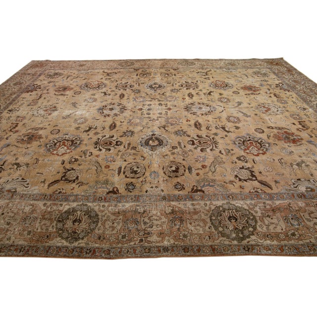 1900 - 1909 Antique Tabriz Handmade Brown Persian Wool Rug With Floral Motif For Sale - Image 5 of 7