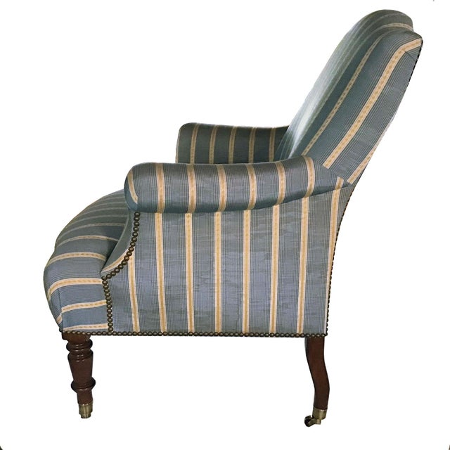 1990s Vintage French Napoleon III Curved Back Armchair With Matching Ottoman Covered With Osborne & Little Mid Blue & Yellow Striped Silk Moiré. For Sale - Image 5 of 13