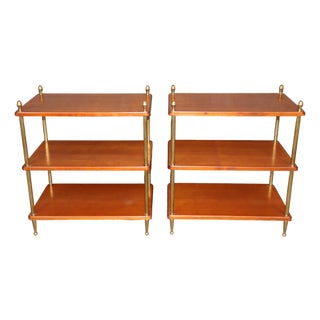 Pair of Solid Cherry Maison Jansen Attributed Brass Directoire Three Tier Tables For Sale