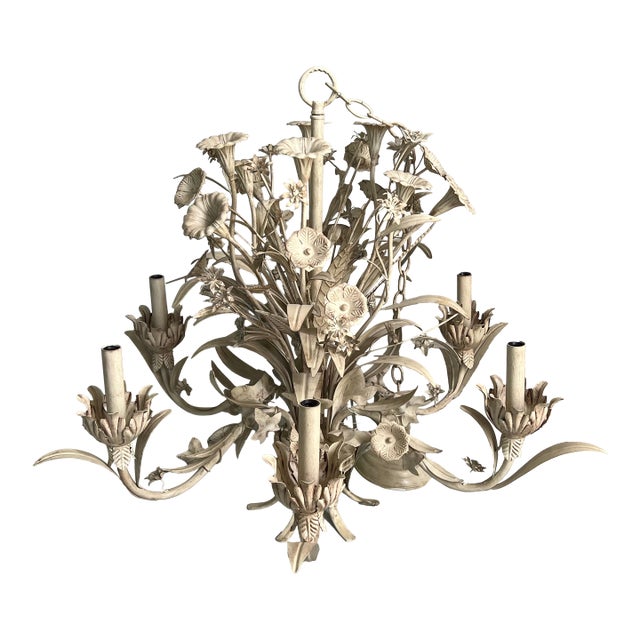 Antique Gustavian Style 6 Light White Tole Wild Flowers Chandelier For Sale