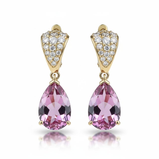14k Yellow Gold Diamond and Natural Pink Topaz Dangle Earrings, A Pair For Sale - Image 10 of 11