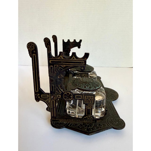 Antique 1879 Patent Double Inkwell With Cast Metal Stand, Pen Rests and Crystal Glass Ink Pots For Sale - Image 10 of 15