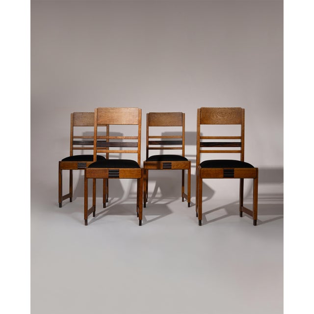 Vintage Amsterdam School Dining Chairs in Oak with Coromandel Details, 1920s, Set of 4 For Sale - Image 11 of 11