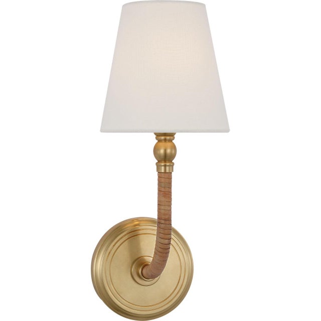 Chapman & Myers for Visual Comfort Signature Basden Medium Sconce in Antique-Burnished Brass and Natural Rattan with Linen Shade For Sale