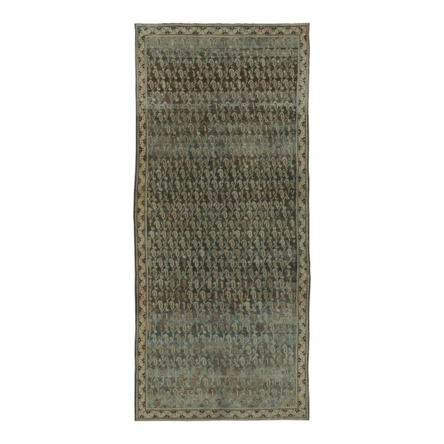 Antique Distressed Malayer Runner With Paisley Grid in Green Hues - Rug & Kilim For Sale