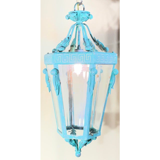 1970s Vintage Neoclassical Verdigris Lantern – Greek Key Detail – Restored & Rewired For Sale - Image 5 of 15