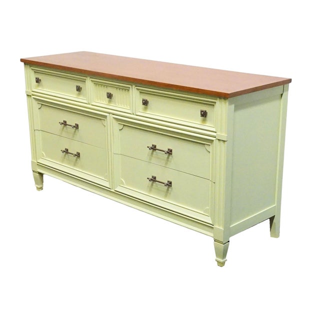BASSETT FURNITURE Ticino Collection Cream Painted 57" Double Dresser w. Solid Cherry Top 238-96-237 31" High 57.5" Wide...