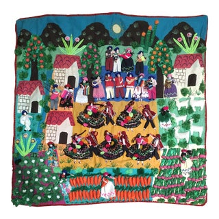 Vintage Chilean Arpillera Textile Depicting Country Life For Sale