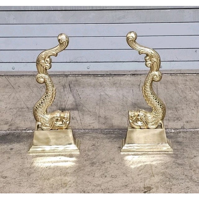 Rococo Late 20th Century Cast Brass Andiron Dolphin Koi Fire Dogs For Sale - Image 3 of 12