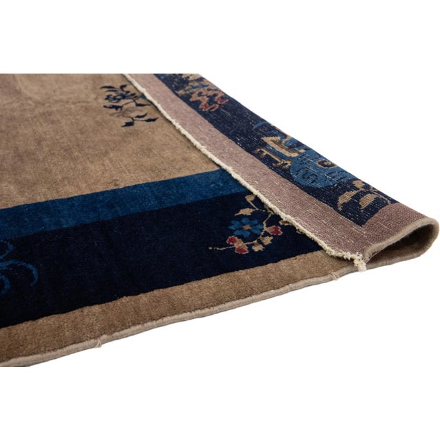 Art Deco Chinese Floral Designed Wool Rug Antique Handmade in Light Brown For Sale - Image 4 of 10